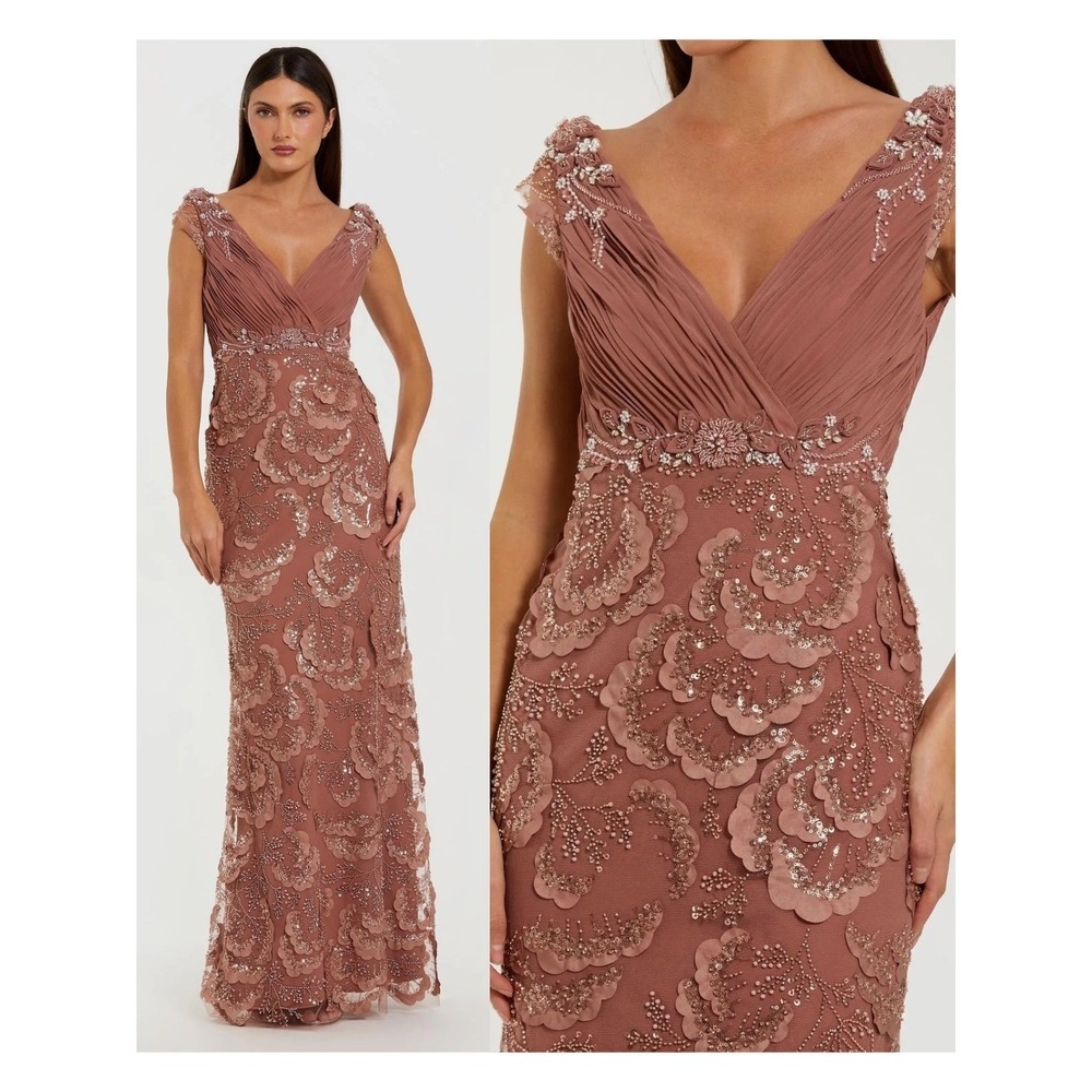 NEW Mac Duggal Pink‎ Floral Beaded Chiffon V-Neck Evening Gown $698 - Size 14